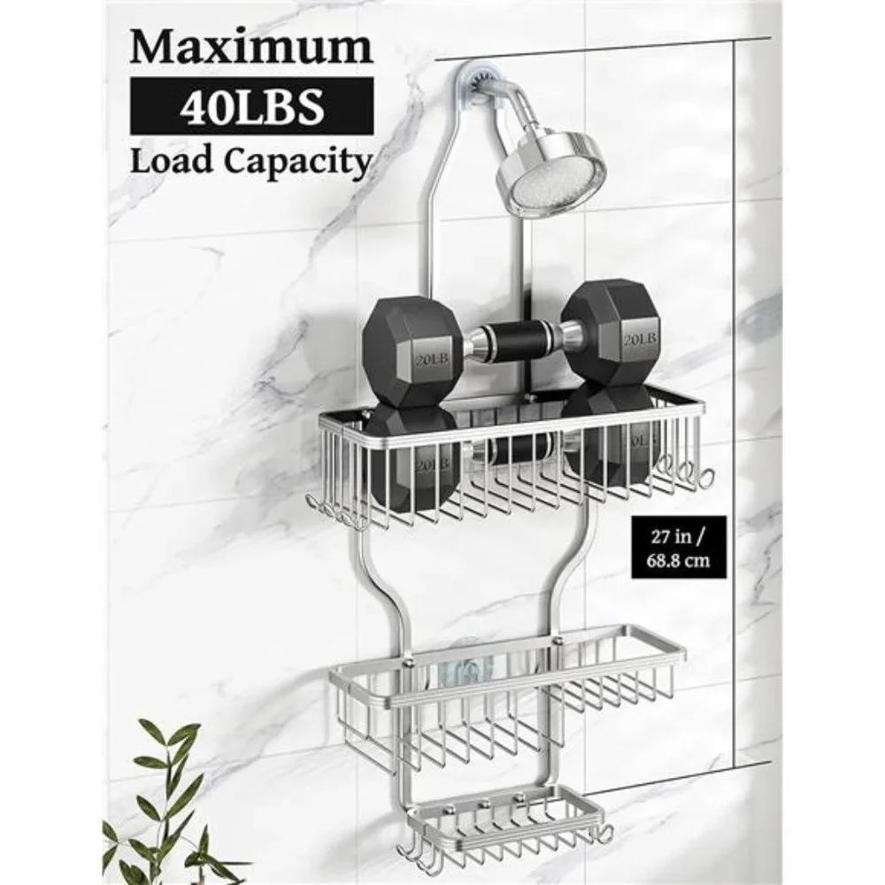 Hanging Shower Caddy Over Shower Head with 10 Hooks for Razor/Sponge,Soap Basket